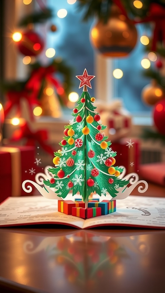 A 3D pop-up Christmas card with a tree and snowflakes, displayed in a festive setting.